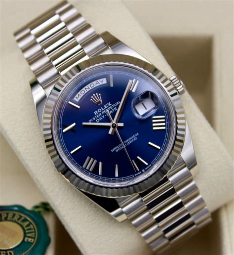 rolex day date stahl blau|Rolex date and day display.